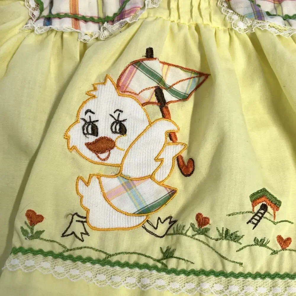 Vintage Set of 2 Cradle Togs Dress sz 9-12 Months Yellow Duck Purple Embroidery